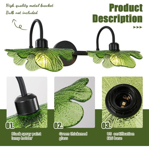 2-Light Vanity Light, Black Wall Sconce with Green Glass Shade, Vintage Bathroom Light Fixture for Over Mirror, Bedroom, Hallway, Living Room