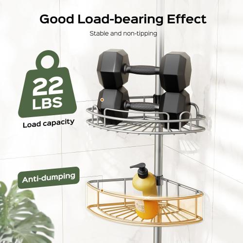 HAMITOR Corner Shower Caddy Tension Pole: 4-Tier Rust-Resistant Adjustable Bathroom Organizer Shelves - 47-121 Inch No-Drill Quick Installation - Space-Saving Storage for Renters Family -