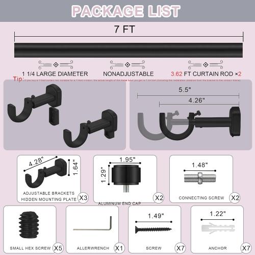 Heavy Duty Curtain Rods,1 1/4 Large Diameter Premium Nonadjustable Curtain Rod,84in/7ft Custom Window Treatment Rods with Durable Aluminum Brackets and End Caps,Black Finish