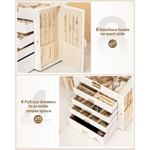 Homde Synthetic Leather Huge Jewelry Box Mirrored Watch Organizer Necklace Ring Earring Storage Lockable Gift Case (White   Gold)