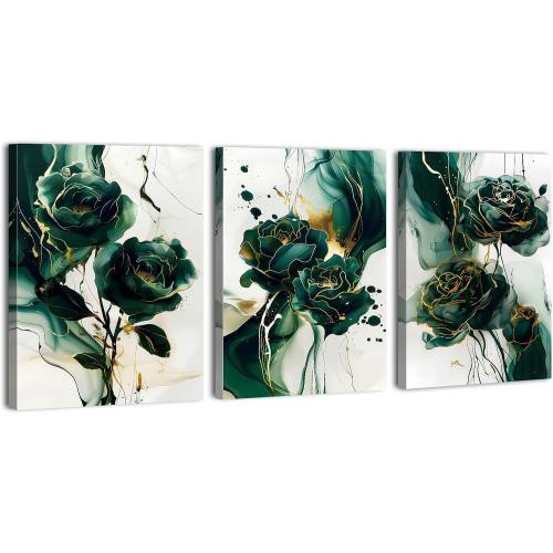 Emerald Green Wall Art for Living Room Green and Gold Marble Wall Decor Abstract Flower Wall Art Modern Botanical Canvas Prints Paintings for Bedroom Office Home Decorations 12x16 3Pcs