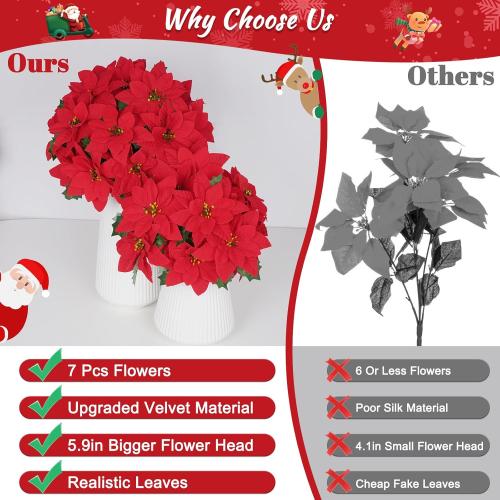 Artflower Christmas Decorations - 6 Pack Poinsettias Artificial Christmas Flowers, Fake Red Velvet Artificial Poinsettias Flowers for Christmas Tree Home Party Porch Yard Indoor Outdoor Decor