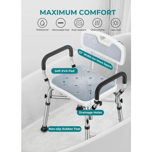 VFAUOSIT Shower Chair for Elderly and Disabled, 550 lbs Shower Chair for Inside Shower with Arms and Back, FSA/HSA 6-Height Shower Seats for Adults with Shower Bag, Bath Chairs for Seniors Inside Tub