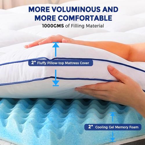 Vipfree King Dual Layer 4 Inch Memory Foam Mattress Topper, Relax Body, Relieve Pain and Aid Sleep - 2 Inch Fluffy Pillow Top King Mattress Topper and 2 Inch Cooling Gel Memory Foam, 2X Support
