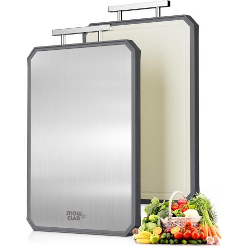 SNOWCLAD Stainless Steel Cutting Board,Double Sided Steel Bread Boards for kitchen,Stainless Steel/Wheat straw pp Large Board for meat,non toxic Chopping,16 * 11 Inch,Dishwasher Safe