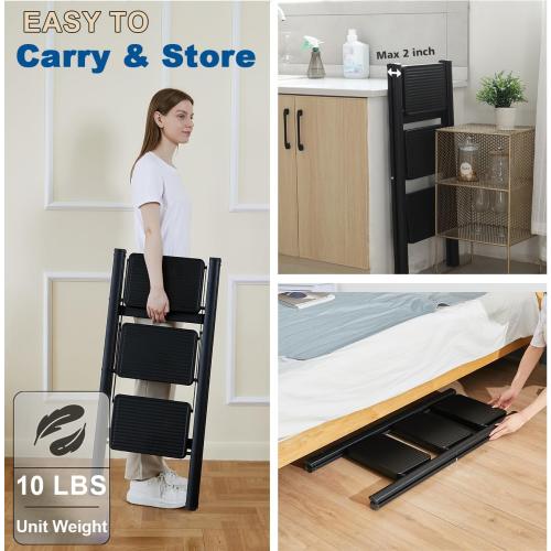 Double Elite Step Ladder 3 Step Folding, Sturdy 330 Lbs Load Small Step Stool for Adults, Safer Full Steel Multi-use Kitchen Ladder for Home, Closet Step Stool Ladder with Wide Pedals, Black, 3-Step