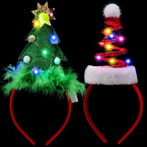 JOYIN 2 PCS Lighted Christmas Headbands with LED lights in Springy Santa Hat Tree Designs for Christmas and Holiday Parties (ONE SIZE FIT ALL)