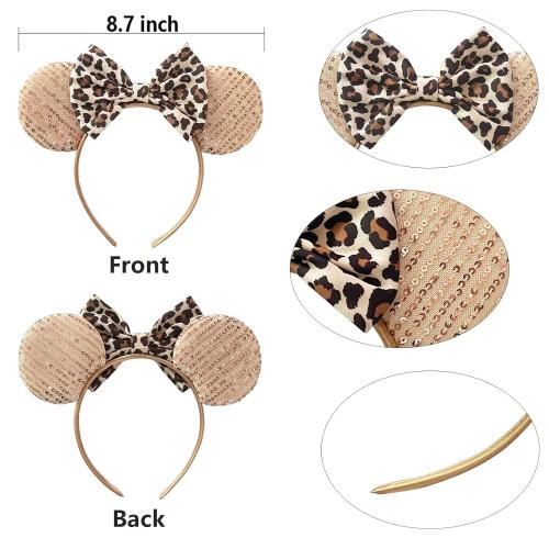 Bows Mouse Ears Headband - 2 Pcs Cute Sequin Headband for Women, Suitable for Halloween Variety Holiday Party Favors and Cosplay Role Play(Rose Gold and Leopard Print)