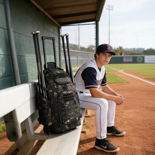 Rolling Baseball Bag with Wheels, Softball Catchers Gear Bags for 4 Bats, Portable Baseball Catcher Bag with Shoe Compartment, Holds All Softball Baseball Equipment