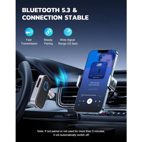 COMSOON Bluetooth Receiver for Car, Noise Cancelling 3.5mm AUX Bluetooth Car Adapter, Wireless Audio Receiver for Home Stereo/Wired Headphones, Hands-Free Call, 16H Battery Life - Black Silver