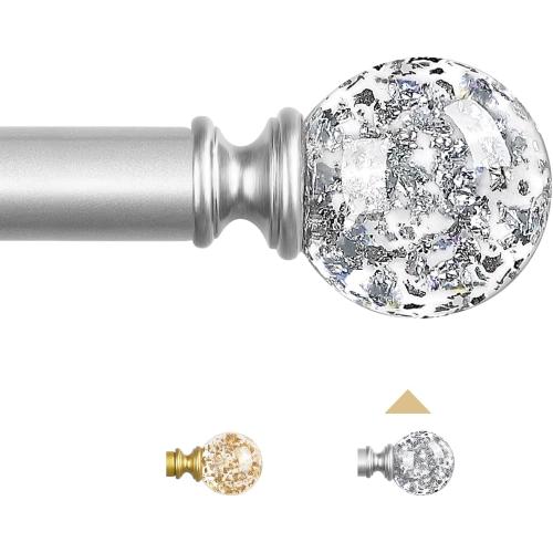 Silver Decorative Crystal Curtain Rods:66-120 Inch Heavy Duty Adjustable Window Curtains Rods for Bedroom Living Room,Nickel Modern Girly Acrylic Drapery Rods Set with Sheer Bling Foil Finials