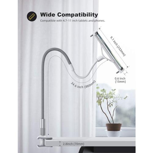 Lamicall Gooseneck Tablet Holder, Tablet Stand : Flexible Arm Clip Tablet Mount Compatible with iPad mini Pro Air, Kindle, Switch, Galaxy Tabs, More 4.7-10.5 Devices - Gray