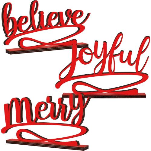 Kathfly 3 Pcs Christmas Tabletop Word Sign Believe Joyful Merry Xmas Mantle Decor Freestanding Christmas Mantle Sign Xmas Wood Cutouts Table Plate Rustic Ornaments for Home Office Decoration(Red)