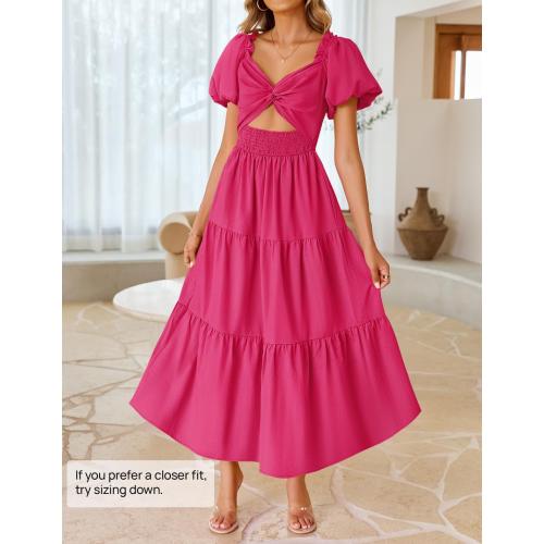 Size XL ... Womens Summer 2025 Boho Vacation Dress Short Puff Sleeve Flowy Smocked Cutout A Line Beach Party Dresses