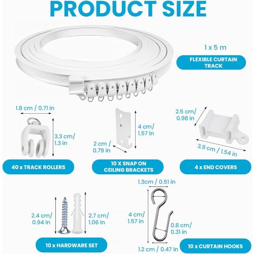 Plastic Curved Curtain Track – 5M Flexible Bendable White Ceiling Mount Rail for Room Divider, Shower, Bathroom, Drop Ceiling Installation