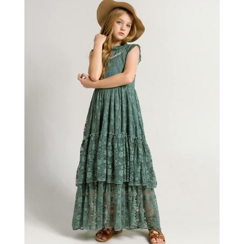 Green Size 4 BIBIHOU Girls Kids Lace Back Full-Length Backless Tulle Party Holiday Formal Flower Girl Dress