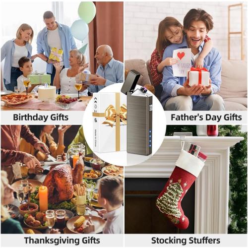 LcFun Electric Lighter USB Rechargeable Windproof Flameless Plasma Dual Arc Lighter Small Metal Pocket Lighters for Camping, Birthday Gifts for Men Husband (Nickel Brushed)
