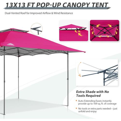 EAGLE PEAK 13x13 Straight Leg Pop Up Canopy Tent Instant Outdoor Canopy Easy Single Person Set up Folding Shelter w/Auto Extending Eaves 169 Square Feet of Shade (Deep Pink)