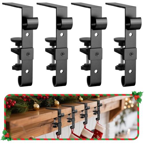 Stocking Hangers for Mantel,4 Pcs 2 in 1 Adjustable Fireplace Christmas Stocking Holder,No-Drill, Easy to Install Garland Hanger for Christmas Decorations,Fits 0.1”-3.5”Mantles(Black, 4)