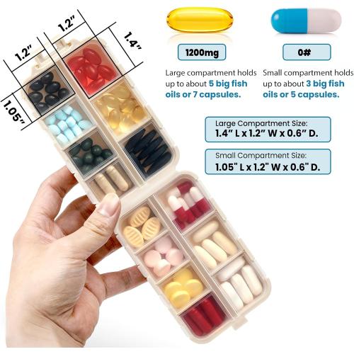 LANDNEOO 14 Grids Pill Organizer Box with Labels, Travel Medication Holder Dispenser Case Kit, Pocket Daily Pharmacy Container for Fish Oil Vitamin Supplement Storage, Khaki Pink Grey, 3 Pack