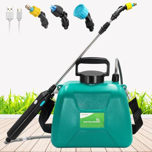 1.35 Gallon/5L Battery Powered Electric Sprayer with USB Rechargeable Handle, Portable Garden Sprayer with 23.6 Telescopic Wand, 3 Mist Nozzles and Adjustable Shoulder Strap (missing part see the picture)