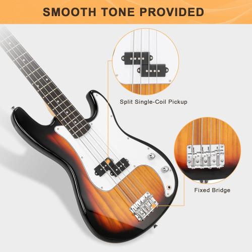 GLARRY Full Size Electric Bass Guitar Beginner Kit 4 String Exquisite Basswood Bass with 20W AMP, Cable, Strap, Bag and Accessories (Sunset, 39Right Handed)