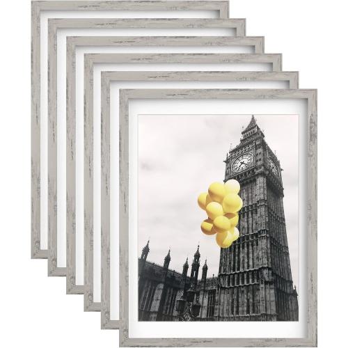 BSRHOMR 12x16 Picture Frame with Mat, Distressed Gray Photo Frame 6 Pack with 11 x 14 Mat, Display Table Top or Wall Mount for Home Decor
