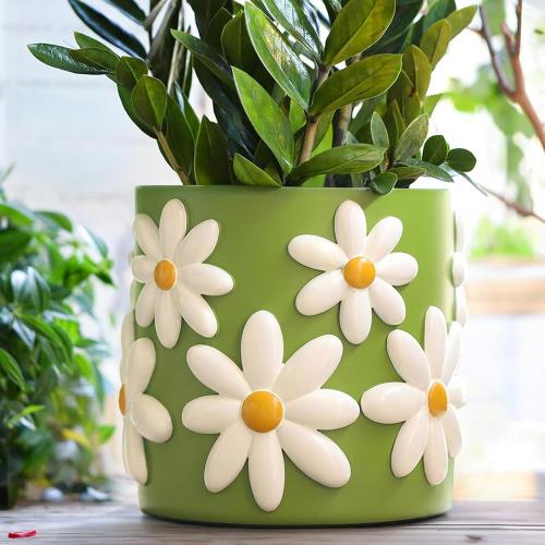 GUGUGO 8 Inch Daisy Planters, Decorative Large Plant Pots with Drainage Holes, Funny Unique Flower Pot for Indoor Plants, Colorful Gardening Pot for Boho Modern Home Décor, Green