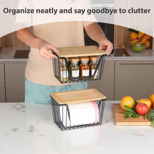 2 Pack Storage Stackable with Bamboo Top for Kitchen Laundry Room Organizers, Large Trash Bag Holder and Garbage Bag Dispenser