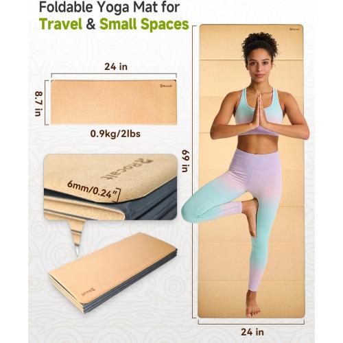 Rocalt Foldable Cork Yoga Mat, Non Slip Travel Pilates Workout Mat | 69 x 24 x 0.25 in, accordion-fold design, POE backing, carry strap for yoga, stretching and travel