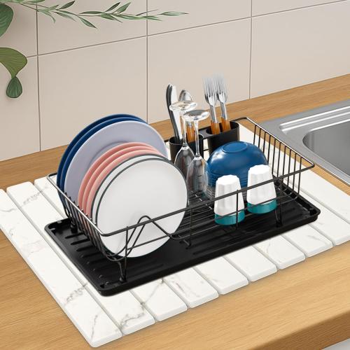 3 Pack Fast Dry Stone Dish Drying Mats for Kitchen Counter Accessories Large Diatomite Dish Water Absorbing Stone Bathroom Sink Tray Quick Dry Matt Diatomaceous Earth Pad White Marble Kitchen Mat