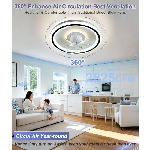 White 20 360° Rotation Low Profile Ceiling Fans with Lights and Remote Ultra Quiet Energy Efficient Dimmable 3 Color Reversible Motor, 20 Flush Mount Ceiling Fan with Lights for Bedroom Living Room Kitchen