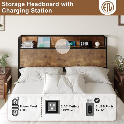 Size Queen Color brown Size Lift Up Storage Bed Frame, Wooden Platform Bed Frame with Lifting Storage & Charging Station, No Spring Box Needed/Noise Free, Rustic Brown