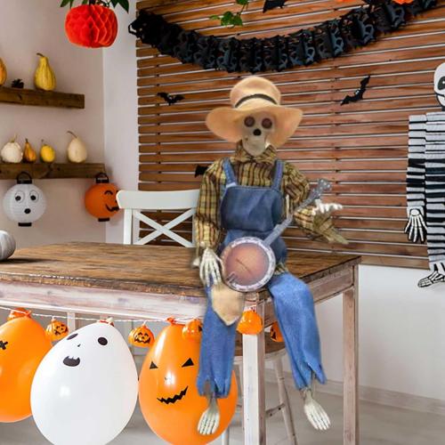 Color Red and yellow plaid Halloween Banjo Playing Skeletons - Dueling Poseable Skeletons with Light, Red & Yellow
