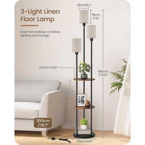 70.9 Floor Lamp with Shelves, Modern Floor Lamp with 3 Linen Shades and Foot Switch, 3-Light Standing Lamp, for Living Room, Bedroom, Study, Office, Rustic Brown and Beige EF53LD05‼️missing pieces‼️