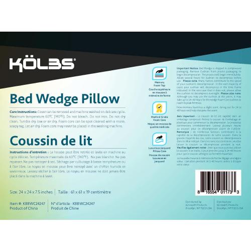 Kölbs Bed Wedge Pillow for Sleep Apnea, Sleeping Comfort, Relaxing, Acid Reflux, Heartburn and Back Pain Relief. Cushion for Sitting Up in Bed. Memory Foam Top, Chic Jacquard Washable Cover.