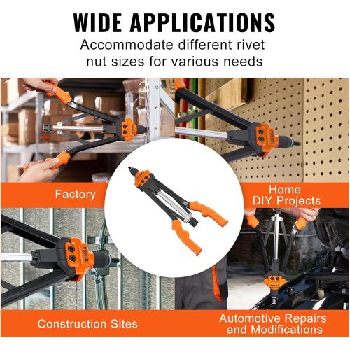 VEVOR Rivet Nut Tool, 16 inch Rivnut Tool Kit with 13PCS Metric and SAE Mandrels, 186PCS Rivet Nuts, Semi-auto Retraction, M3, M4, M5, M6, M8, M10, M12, 1/4-20, 5/16-18, 3/8-16, 1/2-13, 8-32, 10-24