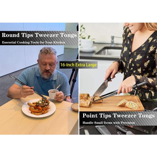 JETKONG 2 Pcs 16-Inch Kitchen Tweezers Tongs with Precision Serrated Tips, Stainless Steel Chef Tweezer Professional Cooking Tweezers for BBQ, Plating and Serving (16-Inch, Black)