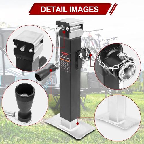 Black and Silver NBJINGYI Heavy Duty 5000LB Trailer Jack - 10 Lift, Pipe Mount Swivel Jack with Lock Pin, Square Tube Mount, Side Wind Handle & Foot Plate, Black Coating.