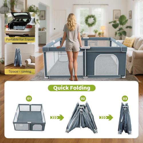 Foldable Baby Playpen - 71×79 Collapsible Play Pen for Babies and Toddlers - Indoor Outdoor Travel Playpen - Sturdy with Mesh View Portable Play Yard - Folding Play Pen with 4 Handles and Carry Bag