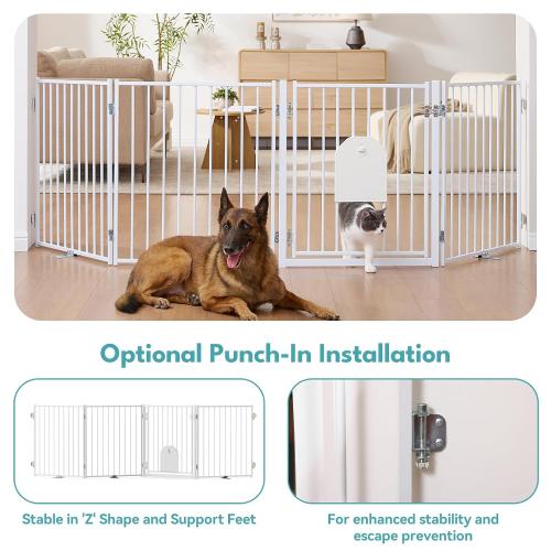 No Pawblems Free Standing Dog Gate with Cat Door, 30'' Tall Foldable Dog Fence for Indoor & Outdoor, Up to 104 Inch Extra Wide Puppy Gate for Stairs, Hallways, Doorways, Deck, Yard (White, 4 Panels)
