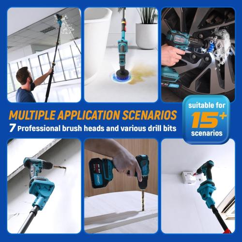 (Missing drill bit) 2-in-1 Cordless Telescoping Pole Drill, 20V Max Power Drill Cleaning Tool with 2 Batteries & 2.0A Charger, 5.3-15FT 180° Adjustable Extension Pole, Comes with 7 Pieces Drill Brush Attachments