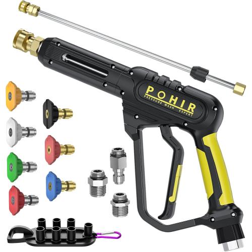 POHIR Pressure Washer Gun 3600 PSI with 3/8'' Swivel Quick Connect Extension Wand, M22 15mm and M22 14mm Fitting 30 Inch 7 Nozzle Tips, Yellow