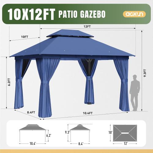 AOXUN Outdoor Gazebo for Patio 10x12, Metal Frame Canopy with Double Roofs, Heavy Duty Party Tent and Shelter with Mosquito Netting and Privacy Screen for Backyard, Lawn, Garden, Deck