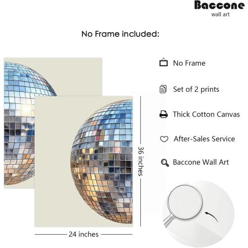 Size 24x36 Set of 2 Disco Ball Wall Art Aesthetic Preppy Canvas Wall Decor Disco Ball Poster Funky Art Retro Trendy Prints Girly Pictures for Living Room Bedroom 24x36 Inch Unframed Set of 2