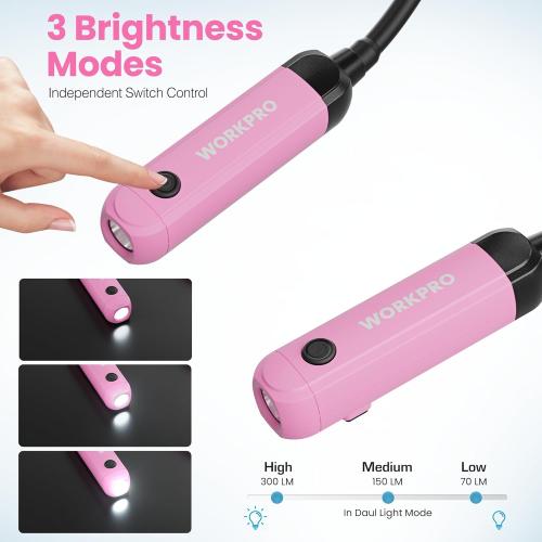 WORKPRO Rechargeable Neck Light for Hands-Free Lighting, 3 Brightness Levels 300 Lumens Neck Light, Bendable Silicone Arm, Great for Mechanics, Reading, Camping, DIY Projects, Crafting, Pink Ribbon