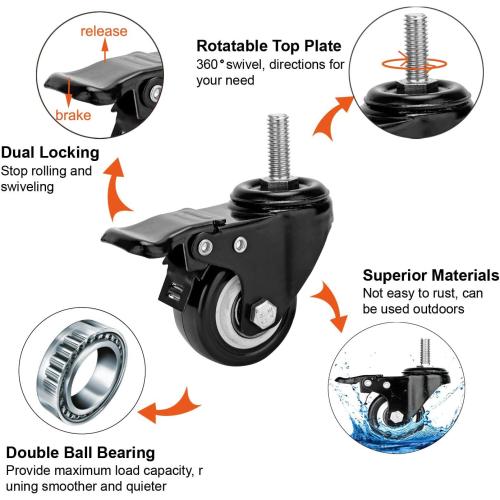 2 Stem Caster Wheels with Safety Dual Locking 600Lbs Heavy Duty Threaded Stem Casters No Noise Swivel Castors with Brakes 3/8- 16 x 1 (Set of 4)