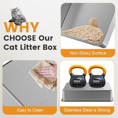 XXXL Stainless Steel Litter Box,Extra Large 28 L x 20 W Metal Litter Box for Big Cats & Multiple Cats with High Sided, Anti-Urine Leakage, Non-Sticky, Easy Cleaning, Include Scoop(Black)