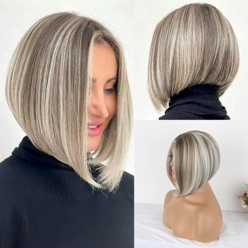 CHINOO Short Lace Bob Hair Wigs for White Women Blonde Skunk Stripe Wig,Shoulder Length Wigs for Women Synthetic Stremlined A-Line Bob Wig Shades of Blonde,White and Brown(F4P/60#)