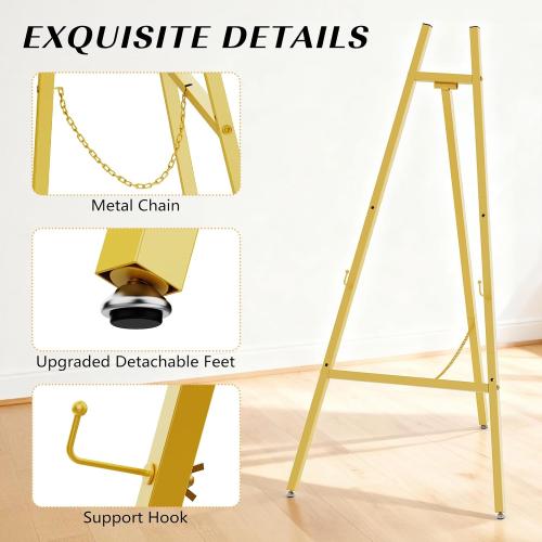 Gold Easel Stand for Sign, Heavy Duty Metal Display Easel with Adjustable Chain, Art Easel for Painting, Wedding Sign, Posters & Commercial Display
